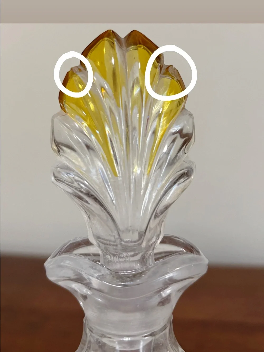 Vintage Bohemian Shell Shaped Amber Clear Glass Decanter 9”